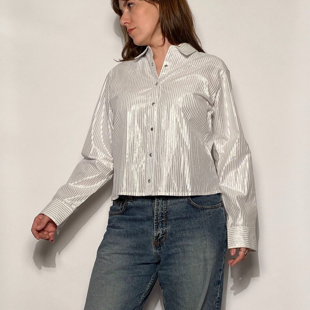 Vintage Y2K WRANGLER Metallic Silver Striped WESTERN Shirt! Large - Picture 9 of 15